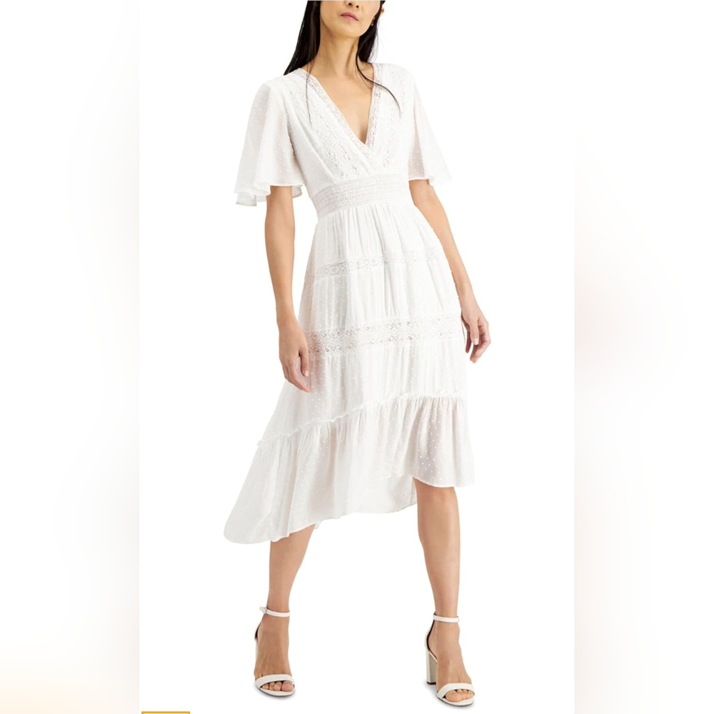 INC International Concepts White Flutter Sleeve V-Neck High Low Flowy Dress Sz S